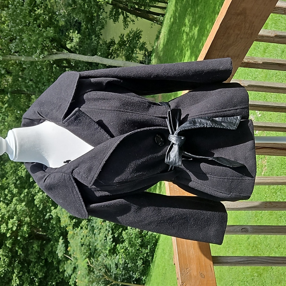 Panache Black Wrap Coat with Vegan Leather Tie Size S